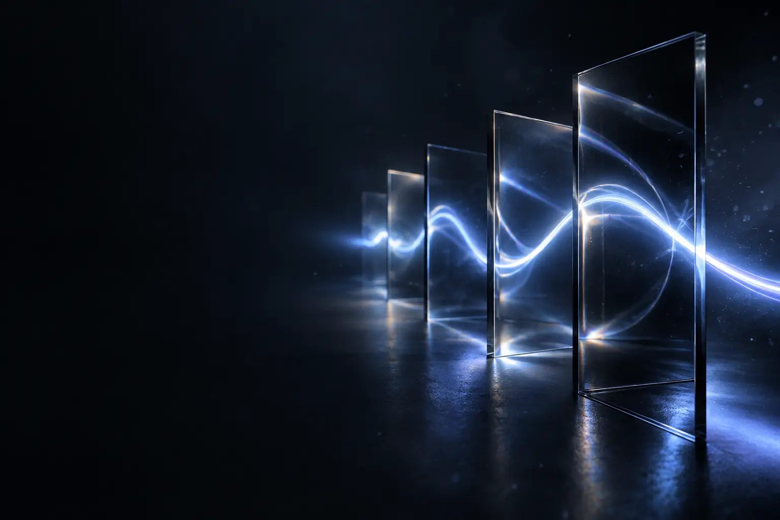 A thread of blue light passing through a row of glass panes in the dark.